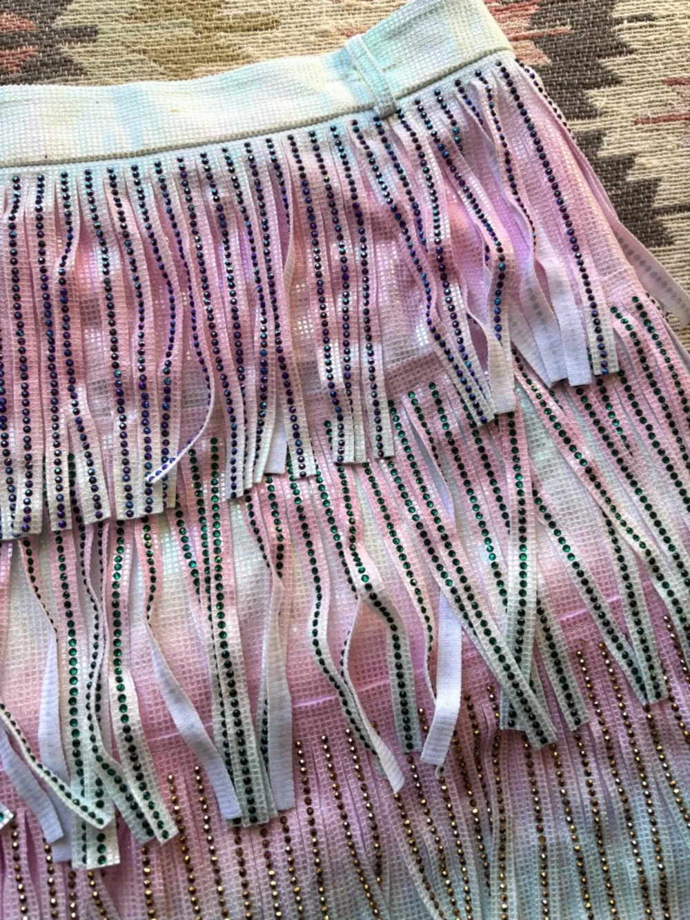 QUEEN OF SPARKLES Mardi Gras fringe pink and green mini skirt - Picture 4 of 6